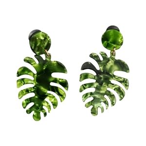Acrylic Rich Green Palm Leaf Dangle Drop Earrings